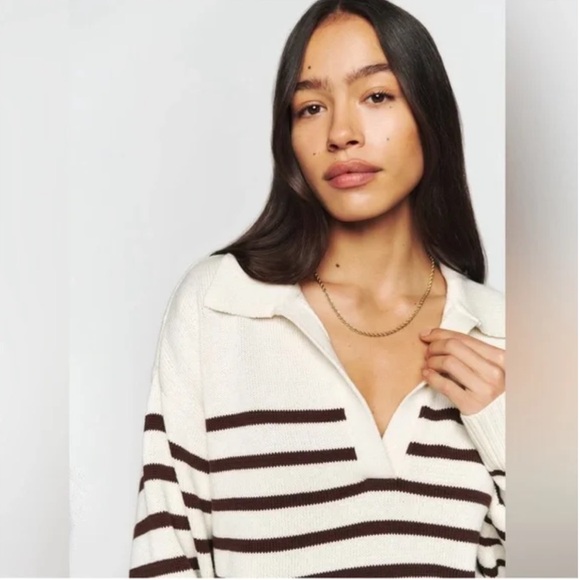 Reformation Francesco Cotton Polo Sweater size M Medium cream brown stripe - Picture 2 of 16